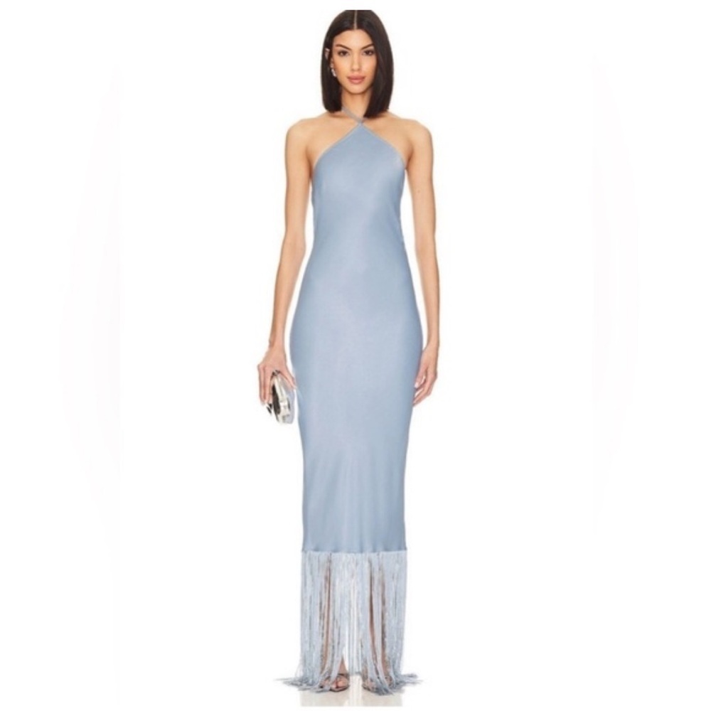 Camila Coelho Payton Maxi Dress pale blue long fringe hem slip halter Revolve M